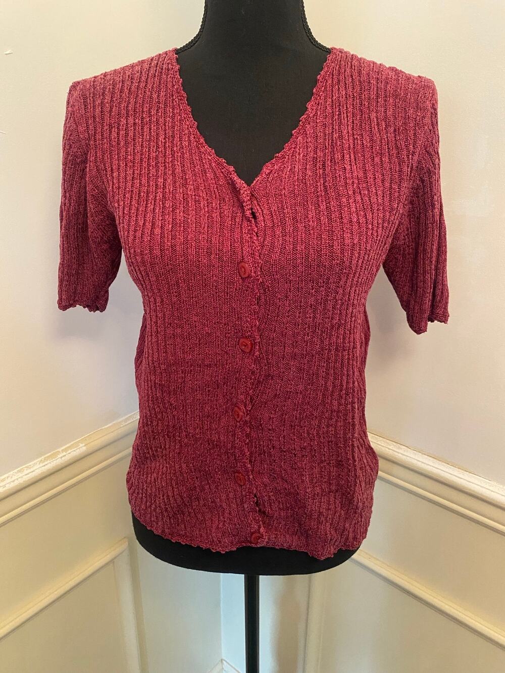 Vintage TR Bentley Silk Blend Short Sleeve Ribbed Knit Cardigan Sweater Button